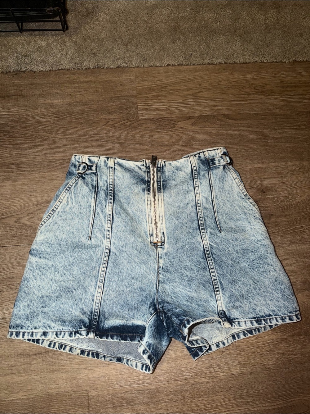 IRO Light Blue Acid Wash High-Waist Zip Front Denim Shorts